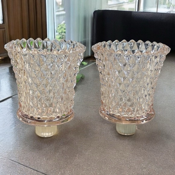 Vintage Homco Blush Pink Diamond Point Glass Peg Candle Votive Holders Set of 2 - Picture 1 of 9